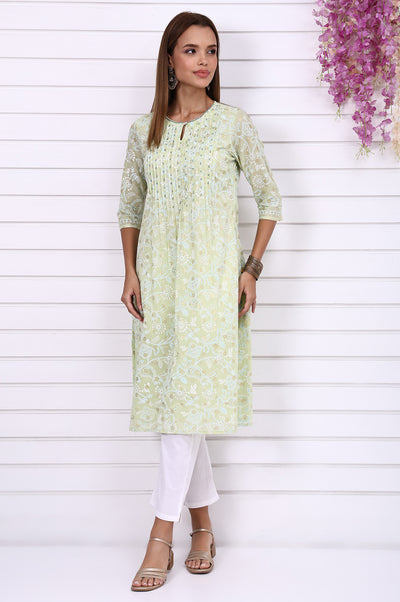 Lime Green Foil Printed Beaded Straight Festive Kurta