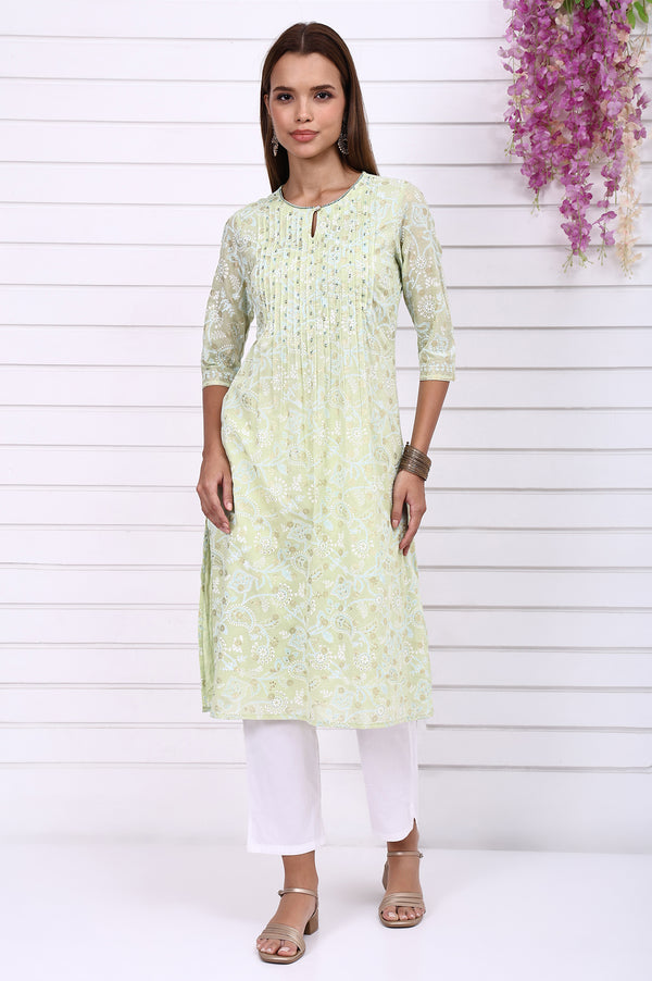 Lime Green Foil Printed Beaded Straight Festive Kurta