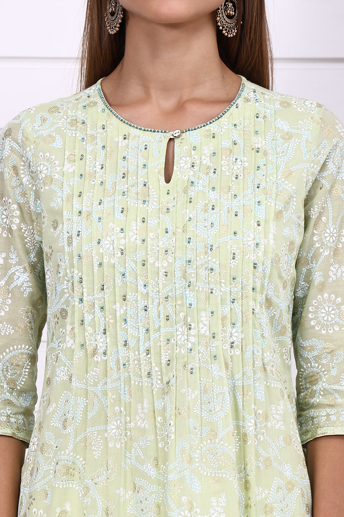 Lime Green Foil Printed Beaded Straight Festive Kurta