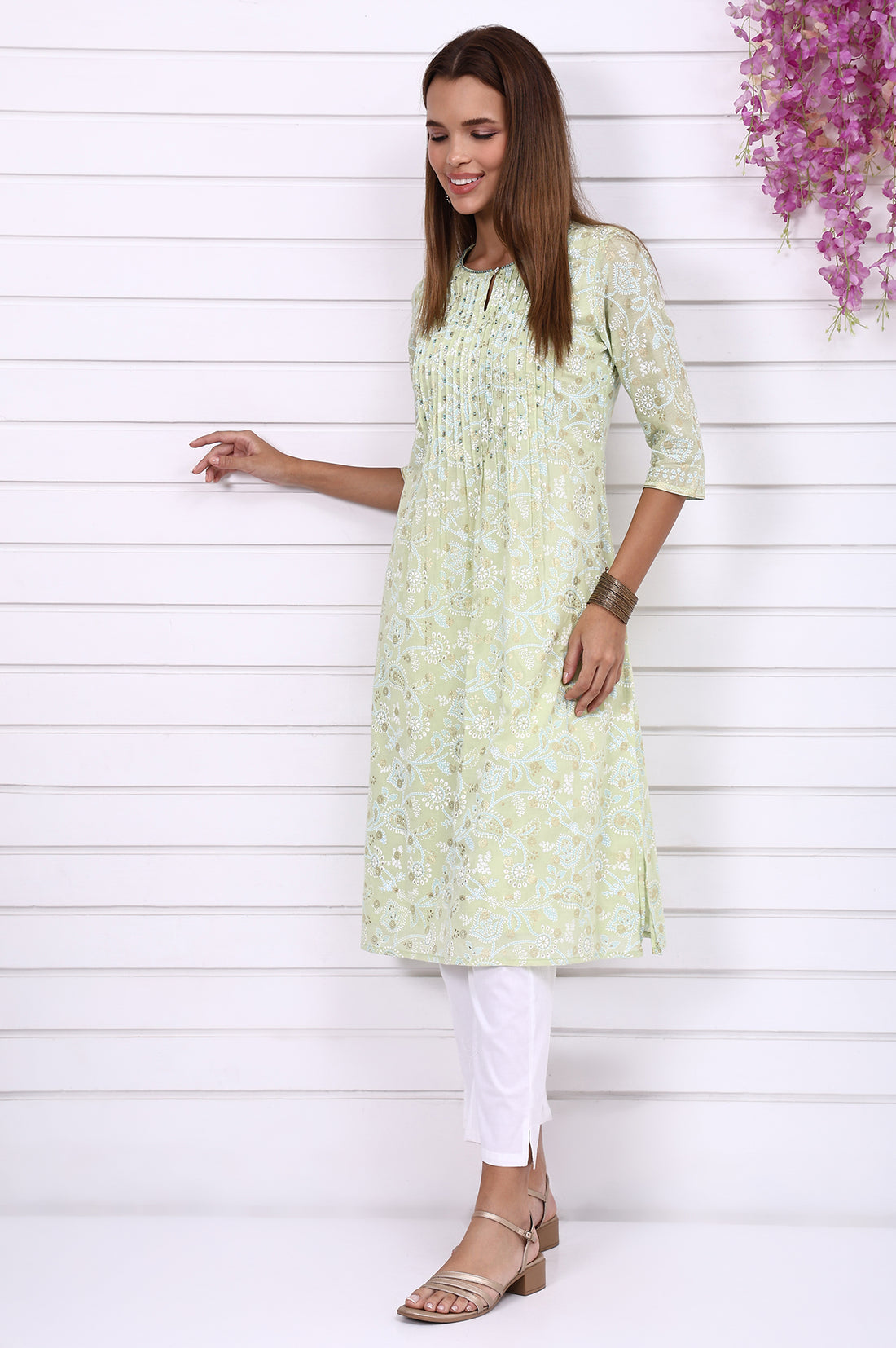 Lime Green Foil Printed Beaded Straight Festive Kurta
