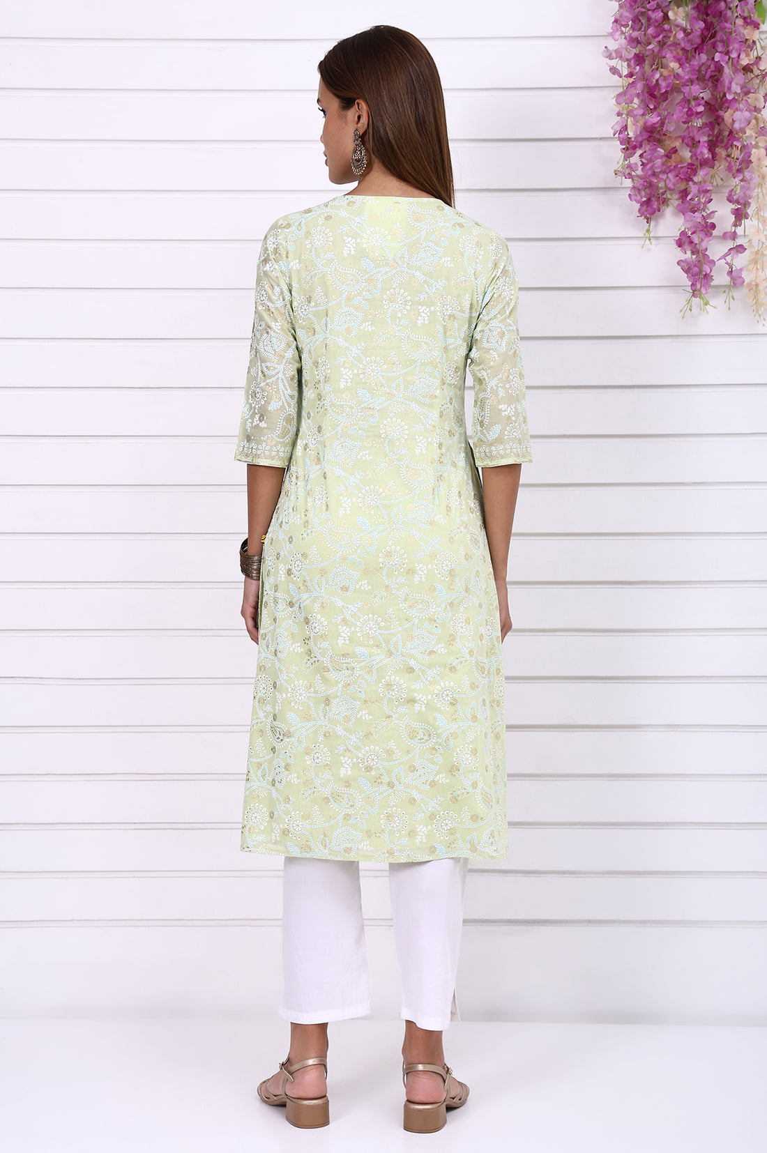 Lime Green Foil Printed Beaded Straight Festive Kurta