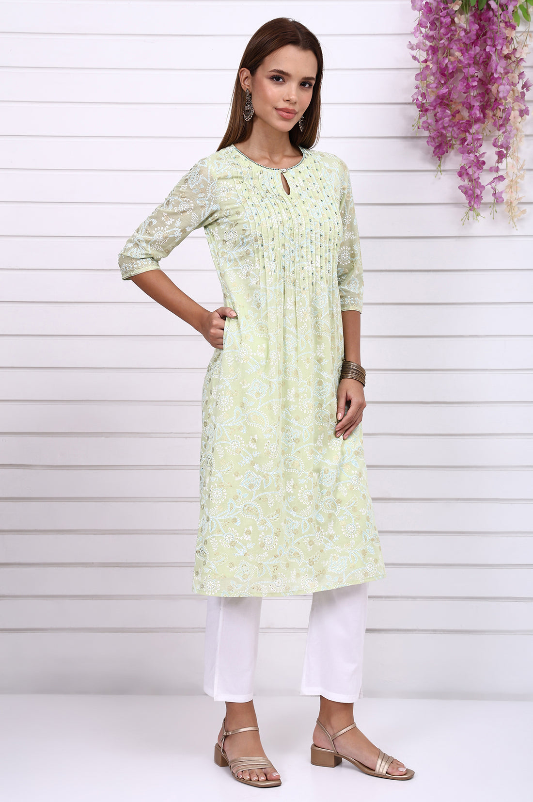 Lime Green Foil Printed Beaded Straight Festive Kurta