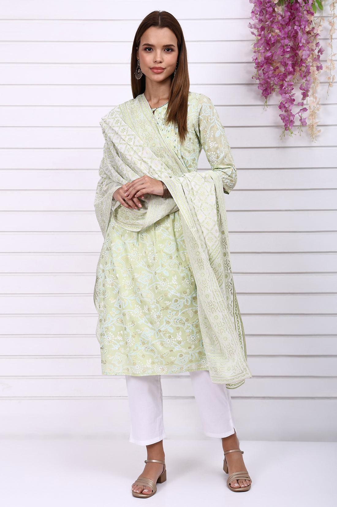 Lime Green Foil Printed Beaded Straight Festive Kurta