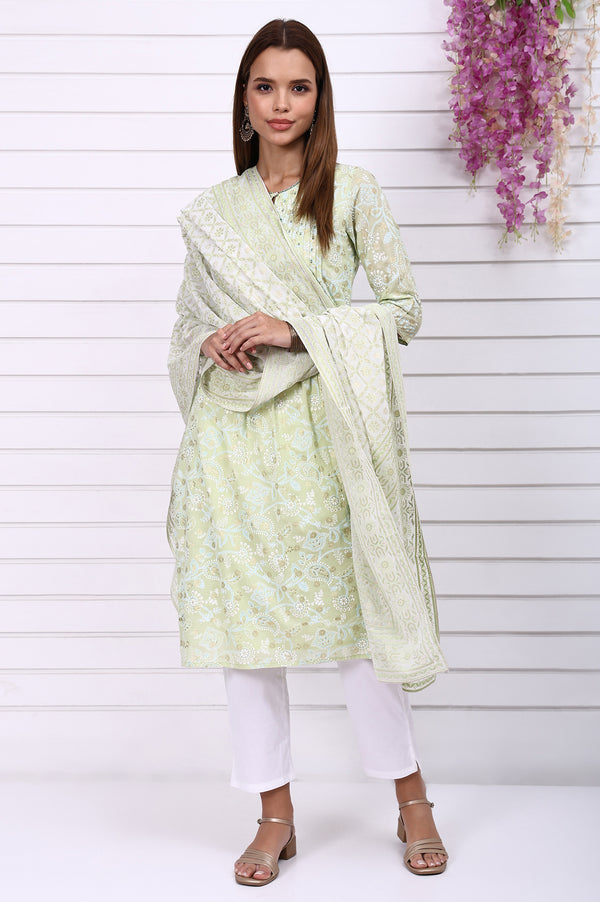 Lime Green Foil Printed Beaded Straight Festive Kurta