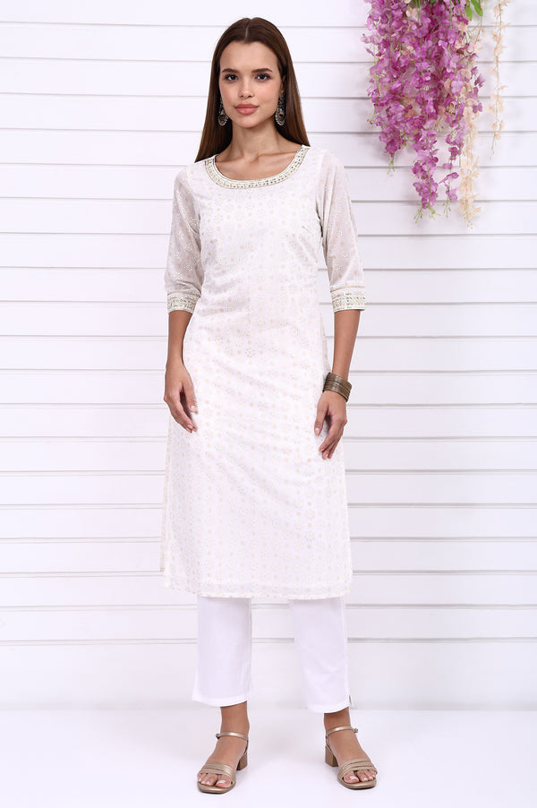 White Foil Printed Sequined Straight Festive Kurta