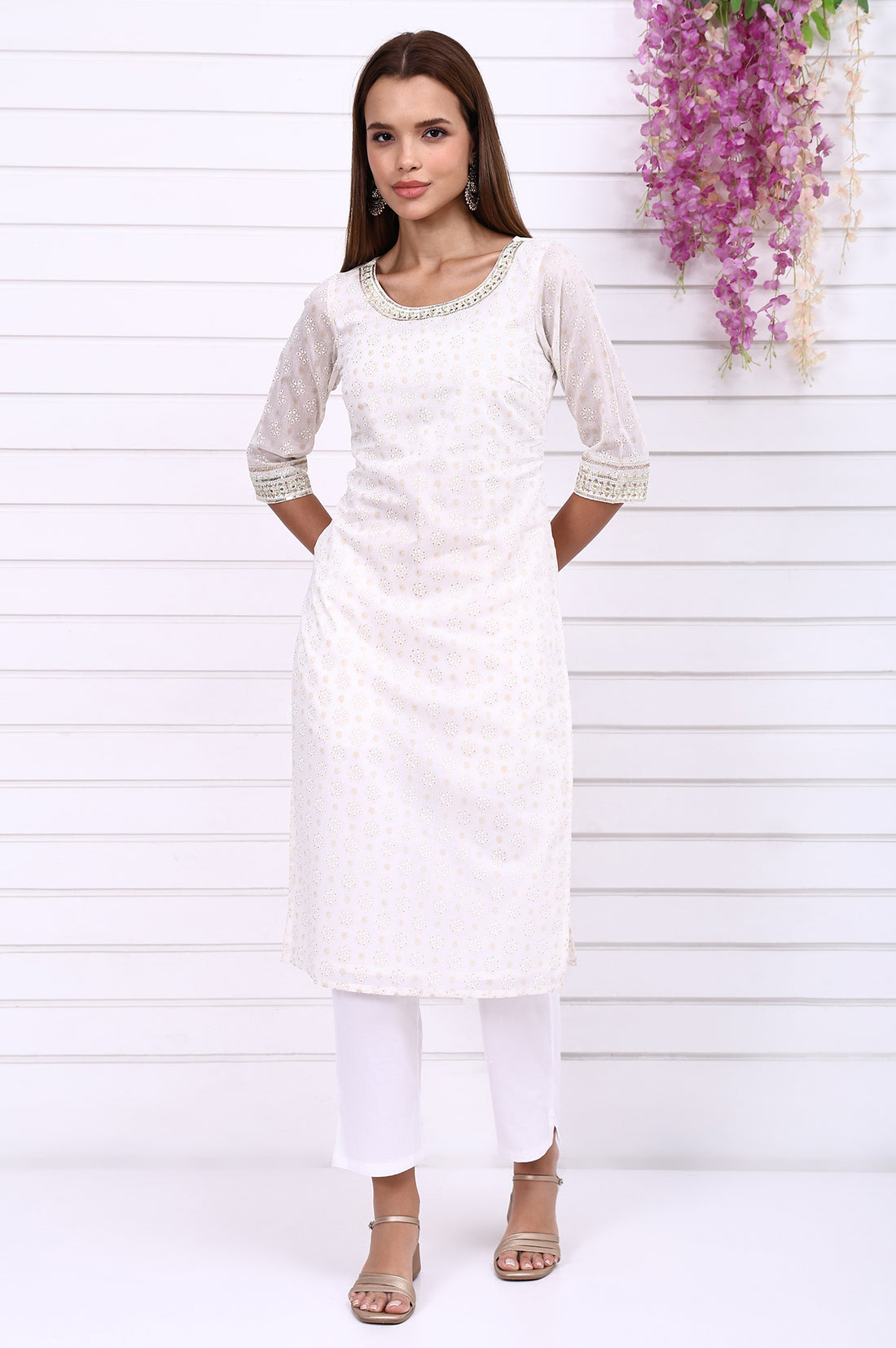 White Foil Printed Sequined Straight Festive Kurta