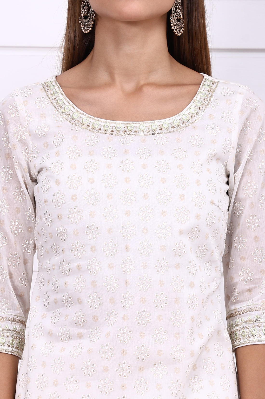 White Foil Printed Sequined Straight Festive Kurta