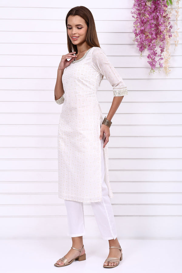 White Foil Printed Sequined Straight Festive Kurta