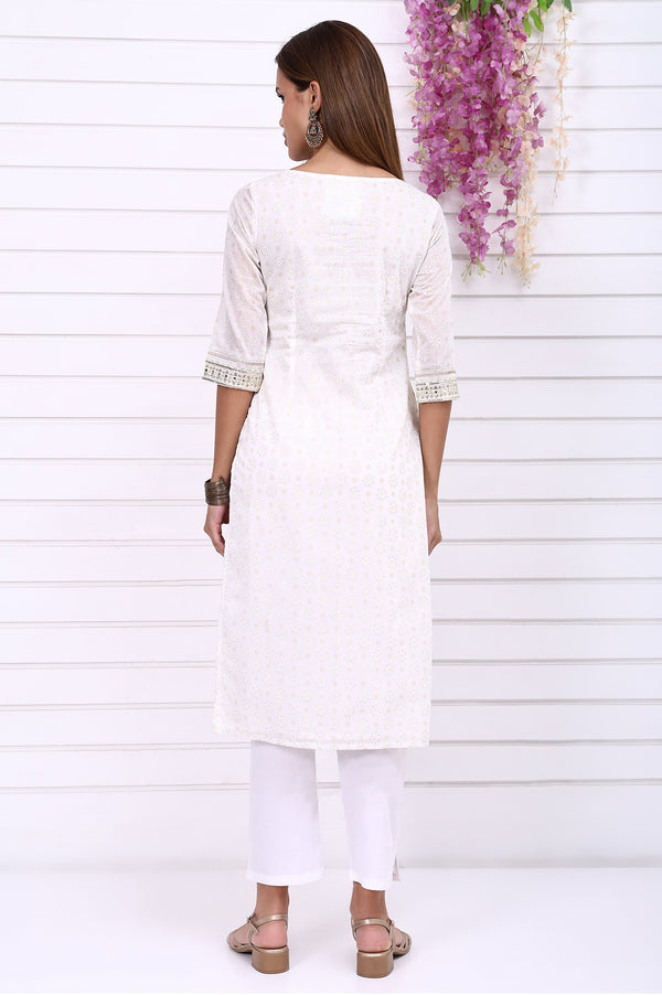 White Foil Printed Sequined Straight Festive Kurta