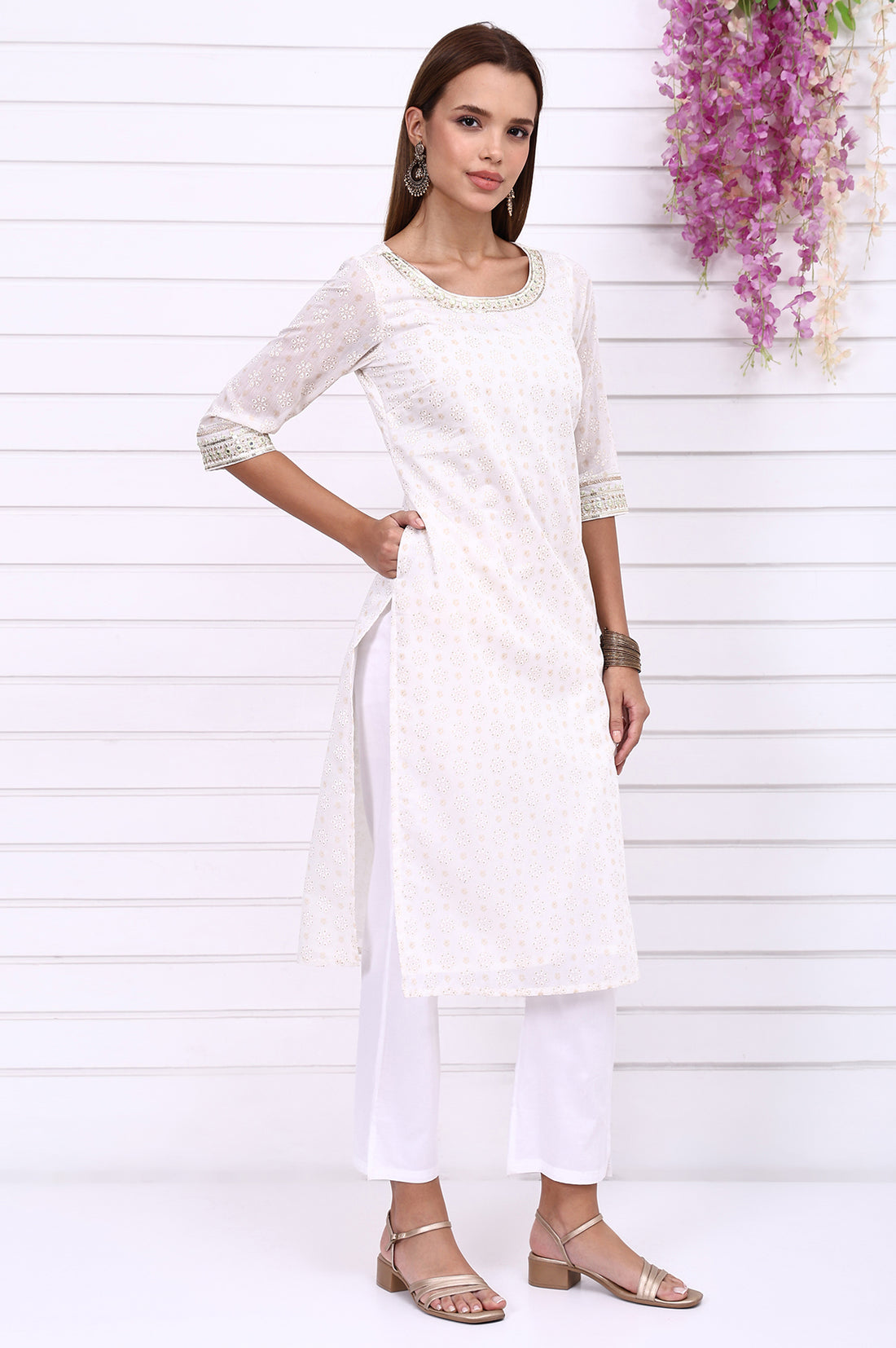 White Foil Printed Sequined Straight Festive Kurta