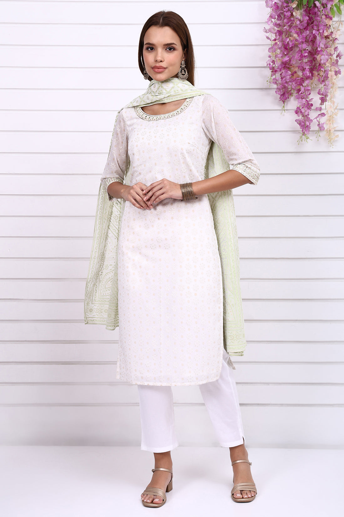 White Foil Printed Sequined Straight Festive Kurta