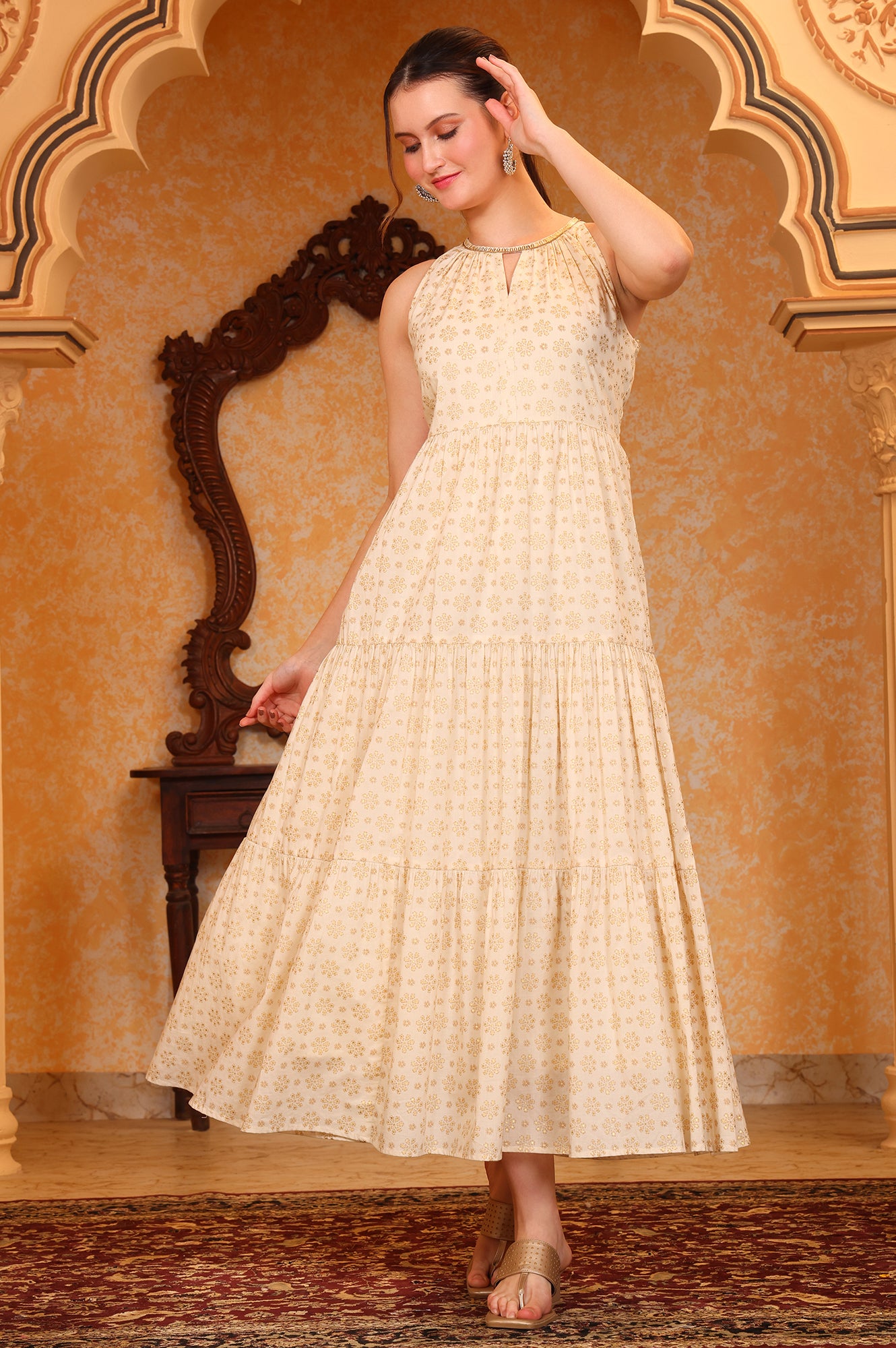 Beige Foil Print Hand Work Flared Pure Cotton Dress