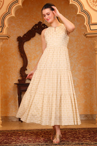 Beige Foil Print Hand Work Flared Pure Cotton Dress