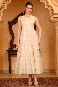 Beige Foil Print Hand Work Flared Pure Cotton Dress