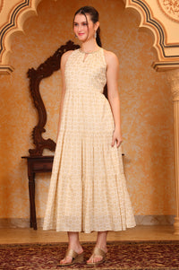 Beige Foil Print Hand Work Flared Pure Cotton Dress