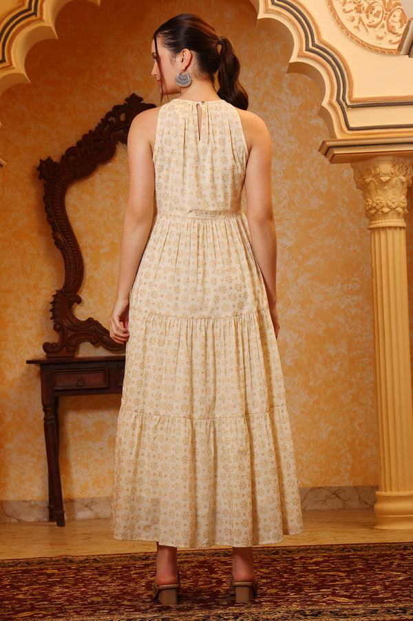 Beige Foil Print Hand Work Flared Pure Cotton Dress