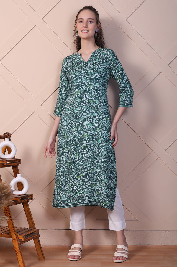 Green Floral Batik Printed Straight Kurta