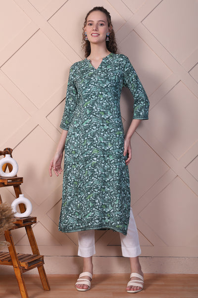 Green Floral Batik Printed Straight Kurta