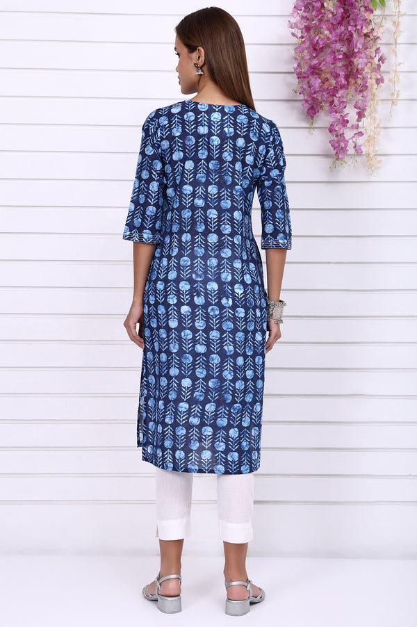 Blue Batik Printed Pure Cotton Straight Casual Kurta