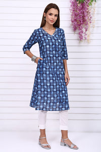 Blue Batik Printed Pure Cotton Straight Casual Kurta