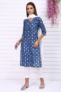 Blue Batik Printed Pure Cotton Straight Casual Kurta
