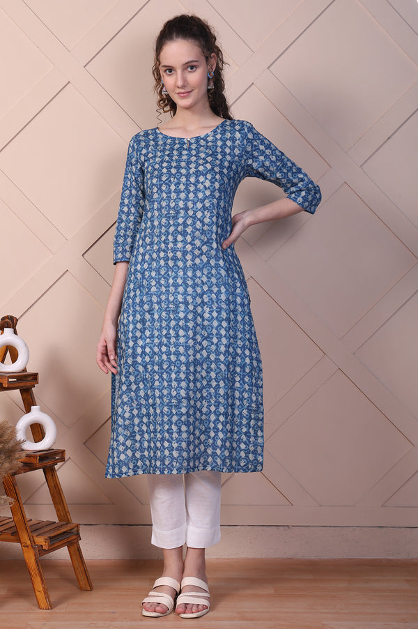 Blue Batik Printed Pure Cotton Straight Kurta