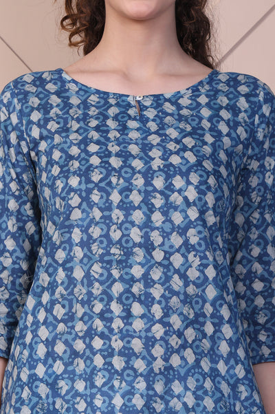 Blue Batik Printed Pure Cotton Straight Kurta