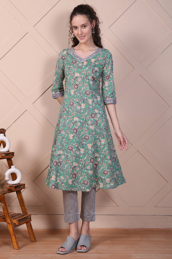 Green Floral Printed Pure Cotton A-line Kurta