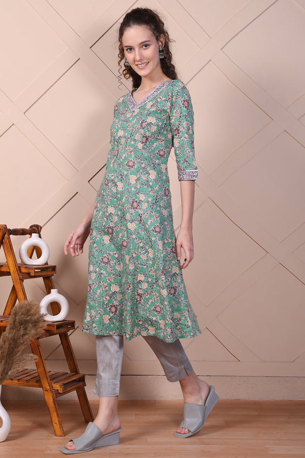 Green Floral Printed Pure Cotton A-line Kurta