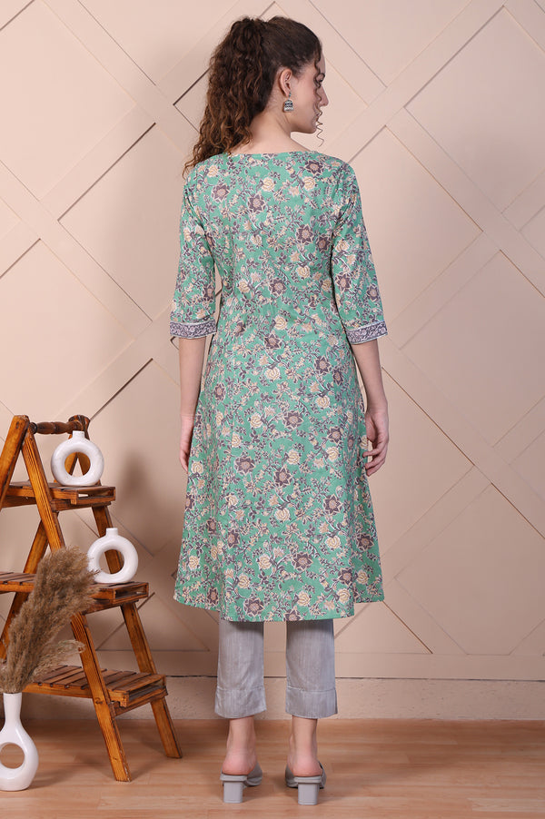 Green Floral Printed Pure Cotton A-line Kurta
