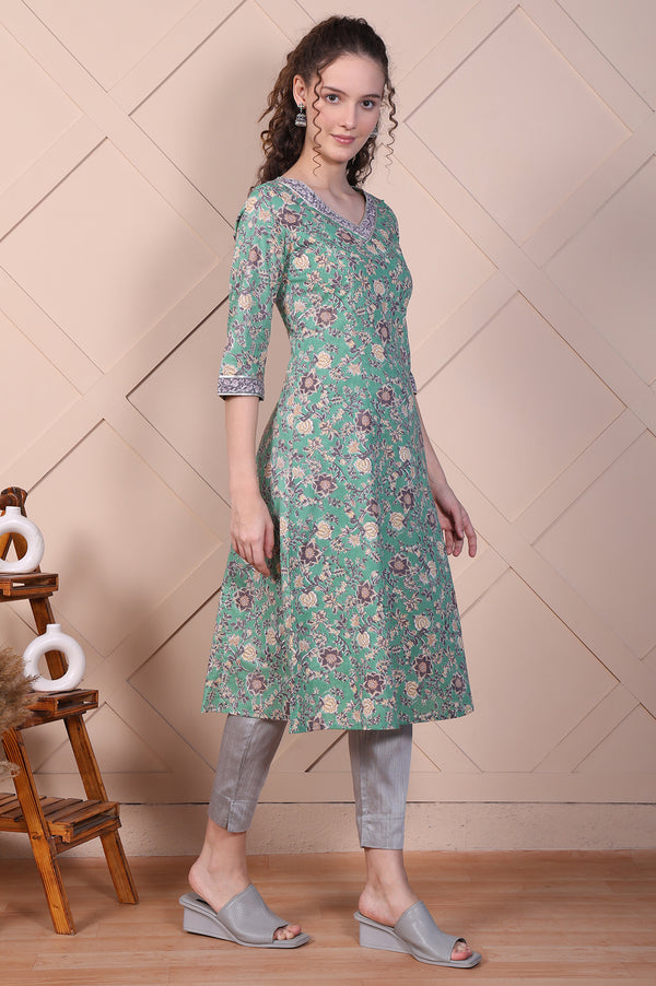 Green Floral Printed Pure Cotton A-line Kurta