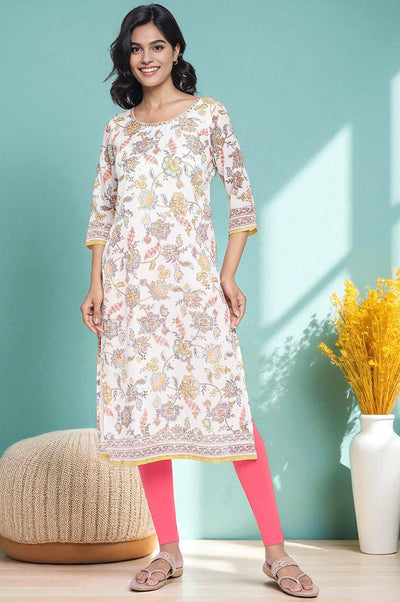 Cream Foil Printed Lace Straight Kota Kurta