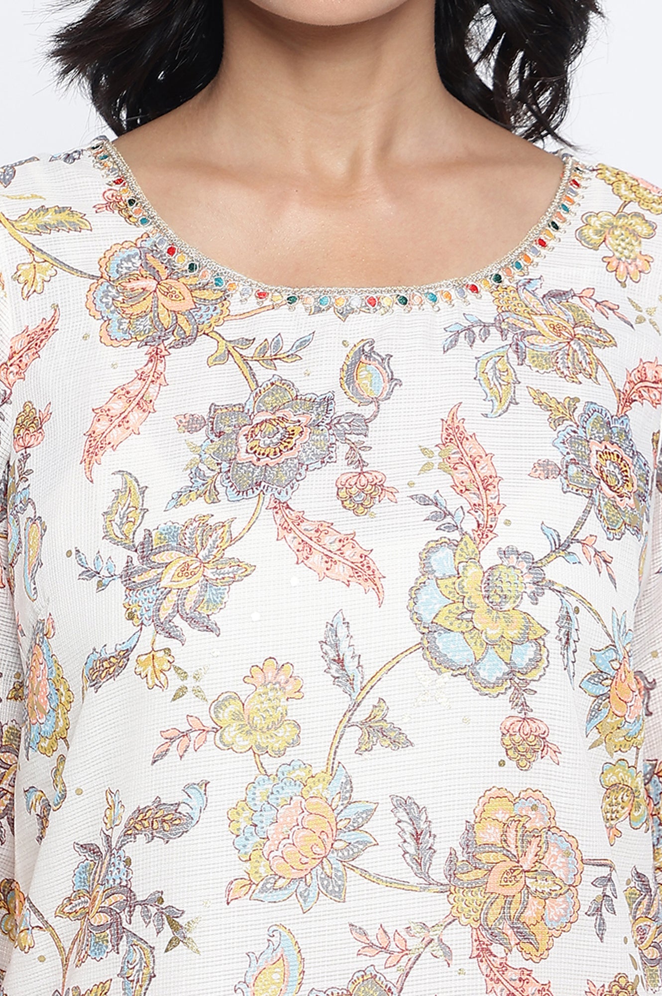 Cream Foil Printed Lace Straight Kota Kurta