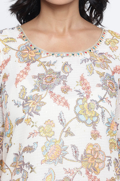Cream Foil Printed Lace Straight Kota Kurta