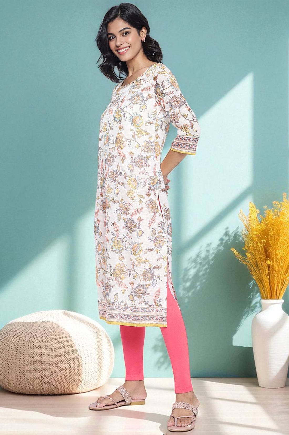 Cream Foil Printed Lace Straight Kota Kurta