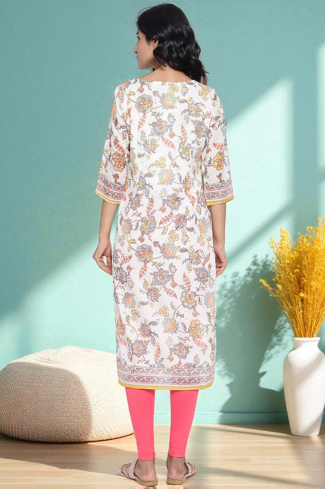 Cream Foil Printed Lace Straight Kota Kurta
