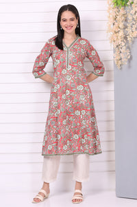 Red Floral Printed Straight Pure Cotton Kurta
