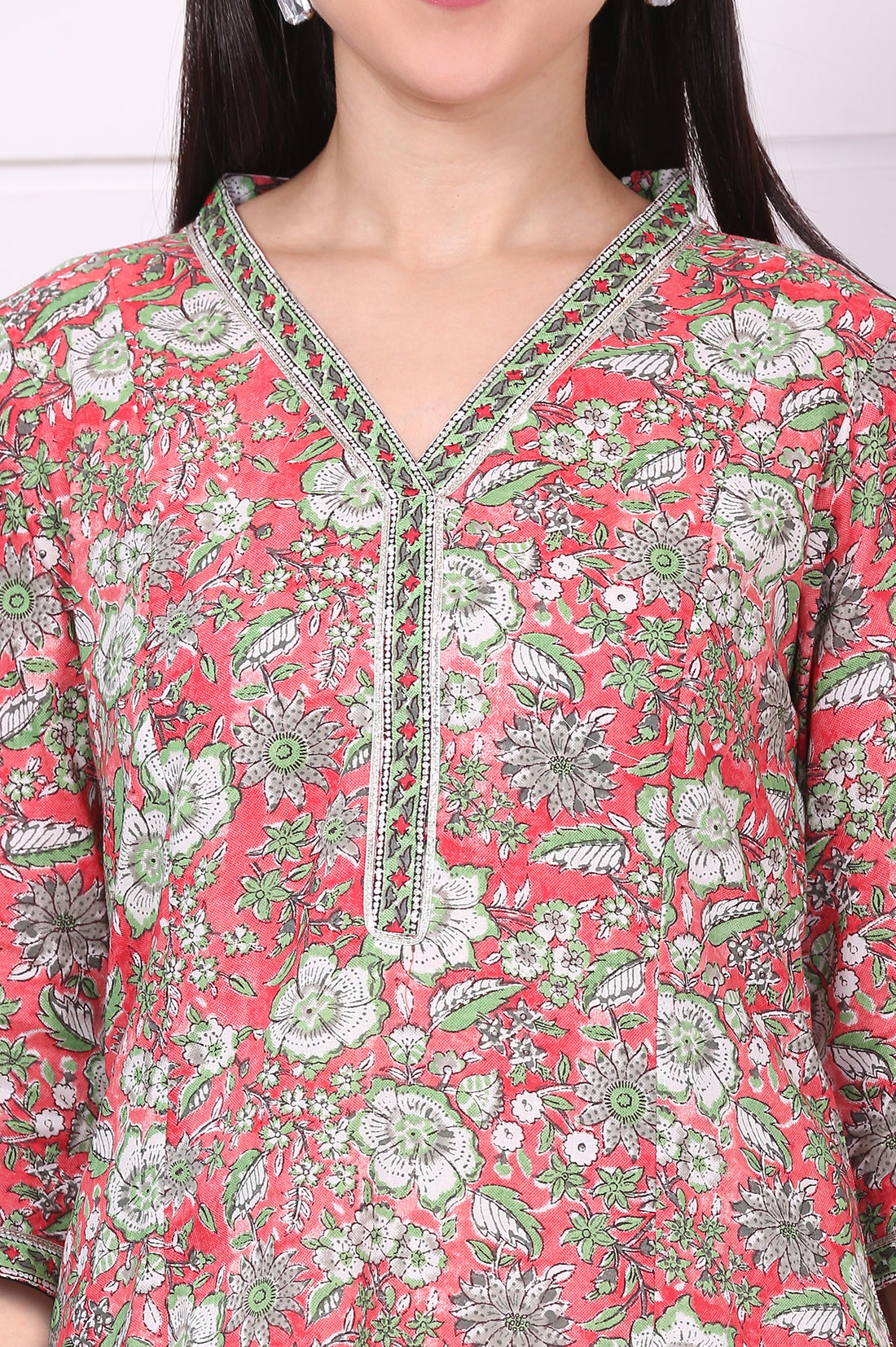 Red Floral Printed Straight Pure Cotton Kurta