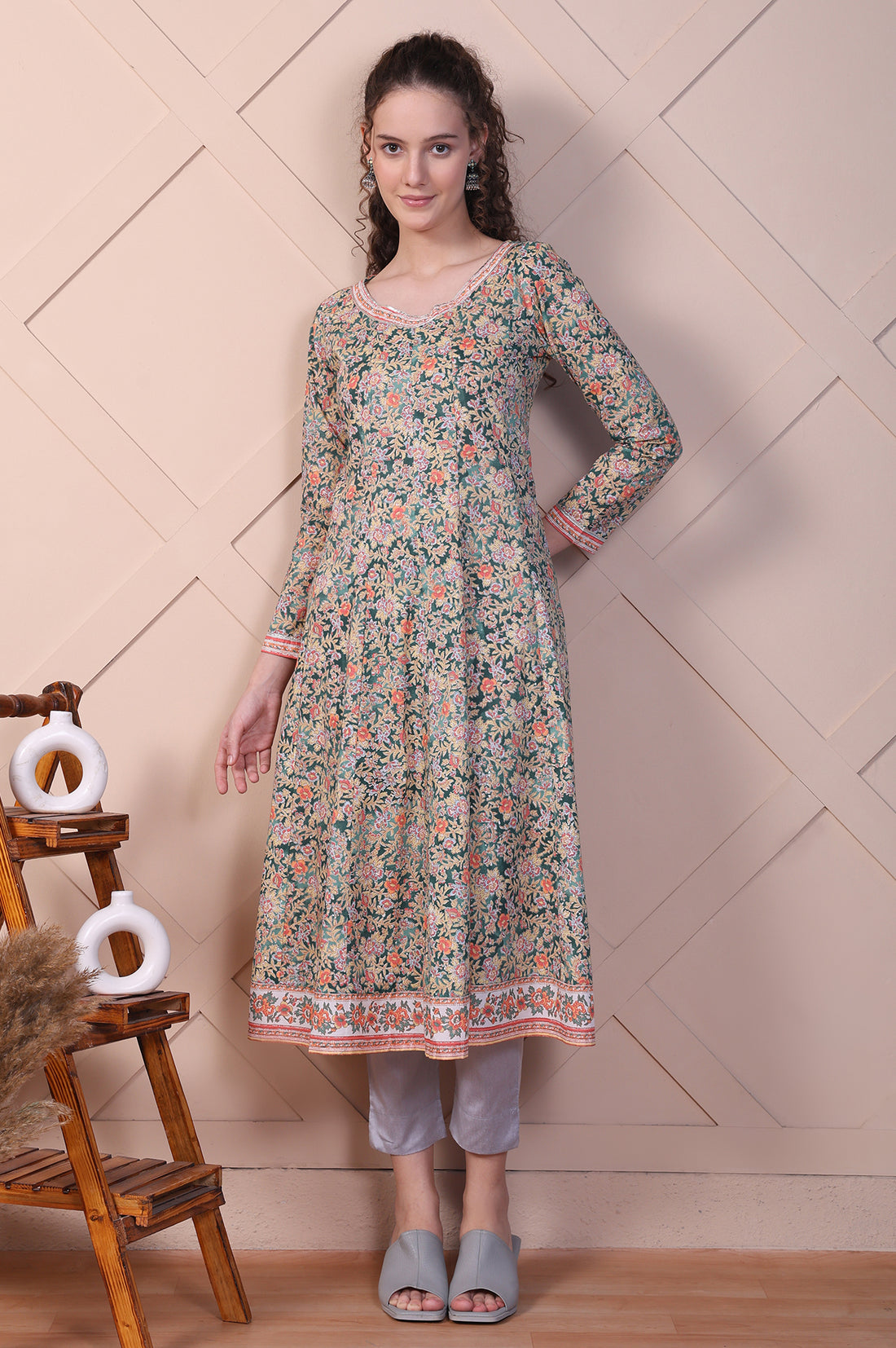 Green Floral Printed Pure Cotton Anarkali Kurta