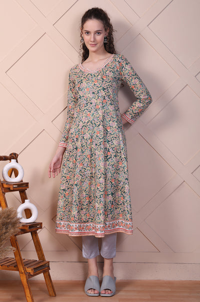 Green Floral Printed Pure Cotton Anarkali Kurta