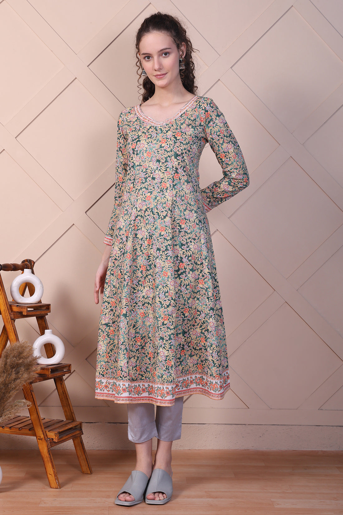 Green Floral Printed Pure Cotton Anarkali Kurta