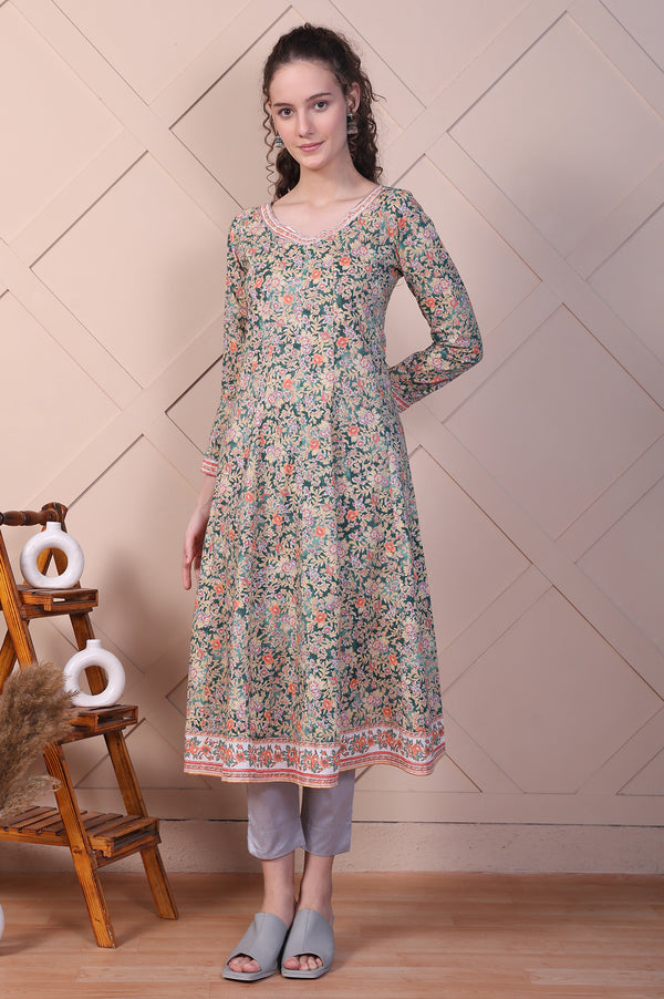 Green Floral Printed Pure Cotton Anarkali Kurta
