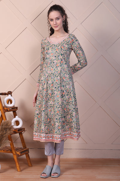 Green Floral Printed Pure Cotton Anarkali Kurta