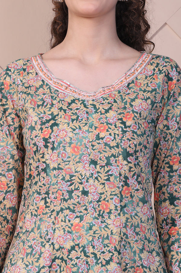 Green Floral Printed Pure Cotton Anarkali Kurta