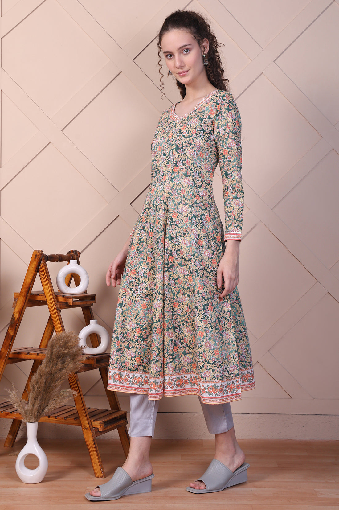 Green Floral Printed Pure Cotton Anarkali Kurta