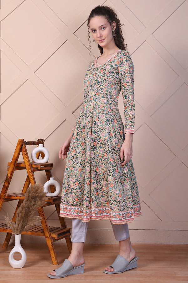 Green Floral Printed Pure Cotton Anarkali Kurta
