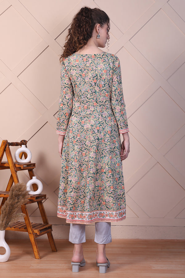 Green Floral Printed Pure Cotton Anarkali Kurta