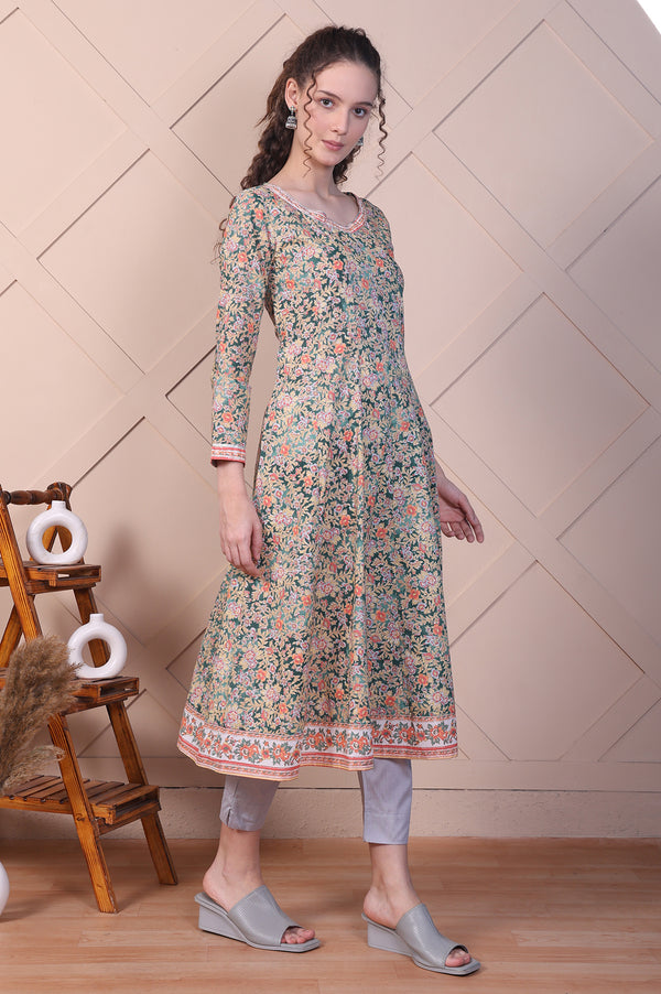 Green Floral Printed Pure Cotton Anarkali Kurta