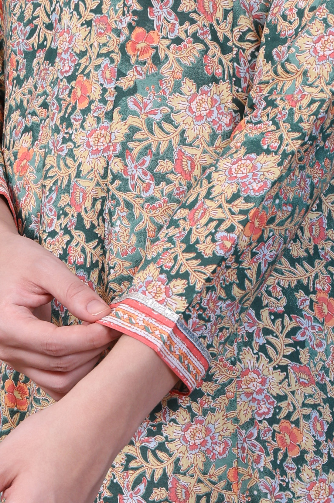 Green Floral Printed Pure Cotton Anarkali Kurta