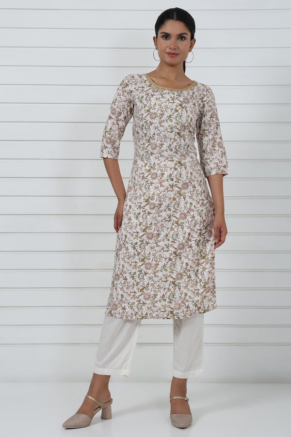 White Botanical Printed Dori Embroidered Straight Kurta